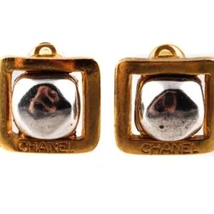🥳HP🥳 Chanel Gold and Silver Square Vintage Authentic Rare Clip-on Earrings